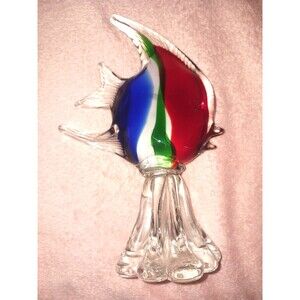 Murano Art Glass Angel Fish Wave Figurine Pedestal Vintage Retro Sculpture 10 in